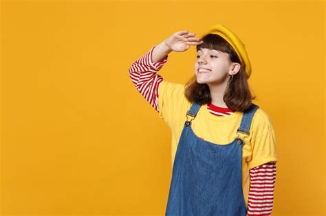 Premium Photo Smiling Girl Teenager In French Beret Denim Sundress