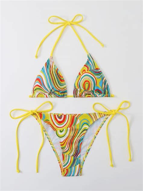 Shein Swim Vcay Fluid Pattern Bikini Set Halter Micro Triangle Bra Top