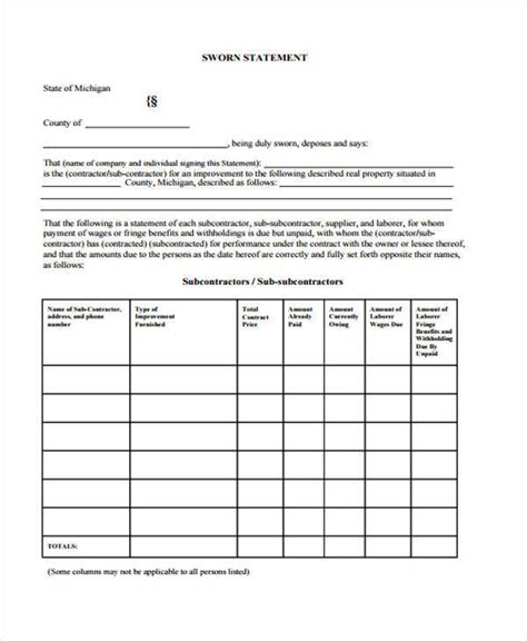 Printable Contractor Sworn Statement Template