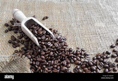 Coffee Beans Spill Out Of A Wooden Scoop On The Background Of Rough