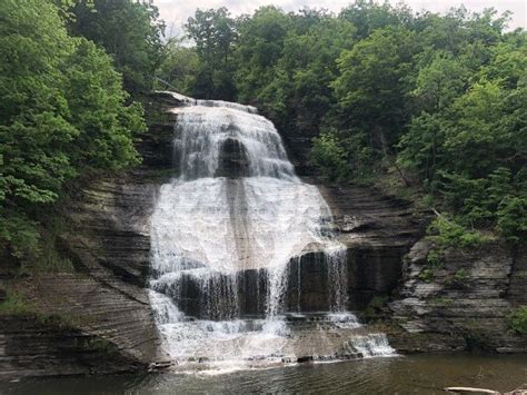 a large waterfall in the middle of a forest