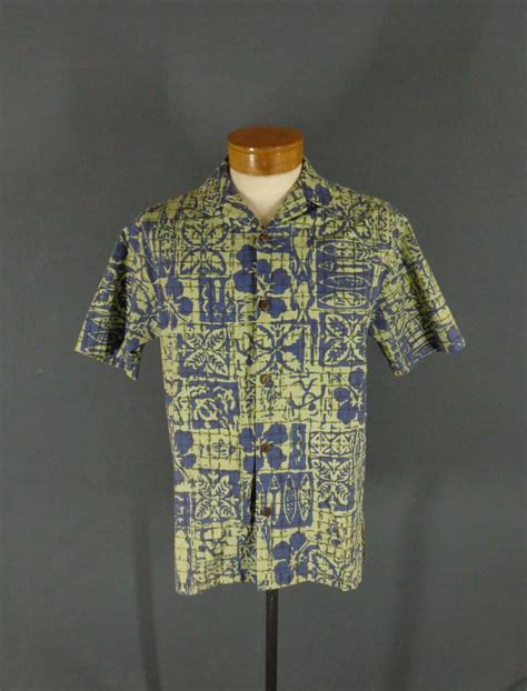 Vintage Hilo Hattie Green And Blue Cotton Tribal Print Hawaiian Aloha Shirt 42 Hilohattie