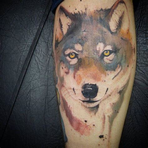 Watercolor Wolf Tattoo On The Calf