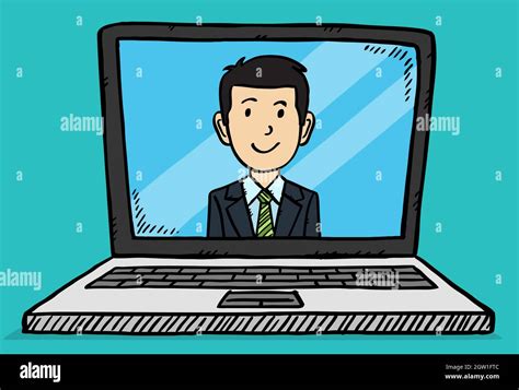 Video conversation with businessman on laptop screen. Cartoon style vector, colorful ...