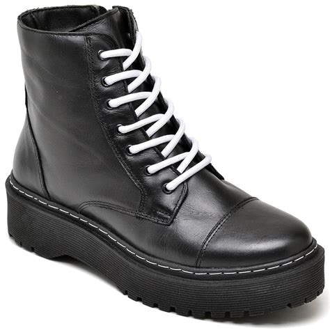 Bota Coturno Cano Medio - Bota Coturno Feminino Couro Cano Médio Cadarço Dia a Dia Preto