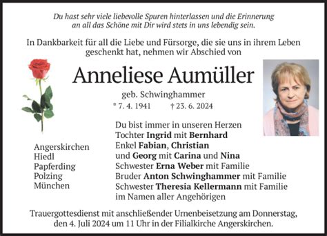 Traueranzeigen Von Anneliese Aum Ller Trauer Merkur De