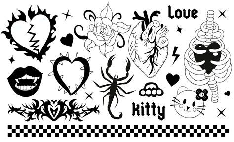 Y2k 2000s cute emo goth aesthetic stickers, tattoo art elements and ...