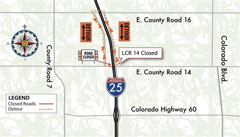 I-25 Express Lanes North detour map at East County Road 14 — Colorado