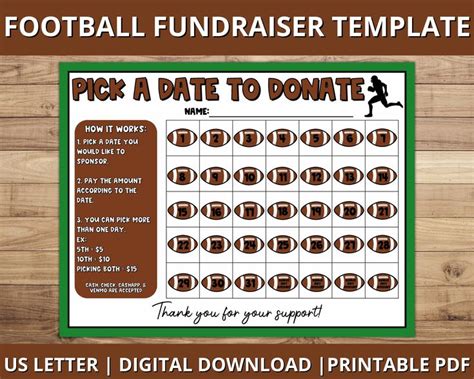 Football Calendar Fundraiser, Pick a Date to Donate Printable, Football ...