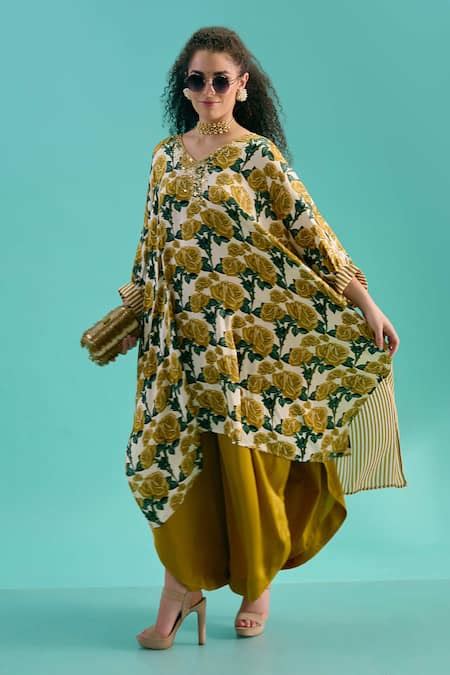 Buy Yellow Modal Silk Satin Print Floral V Neck Kaftan With Pant