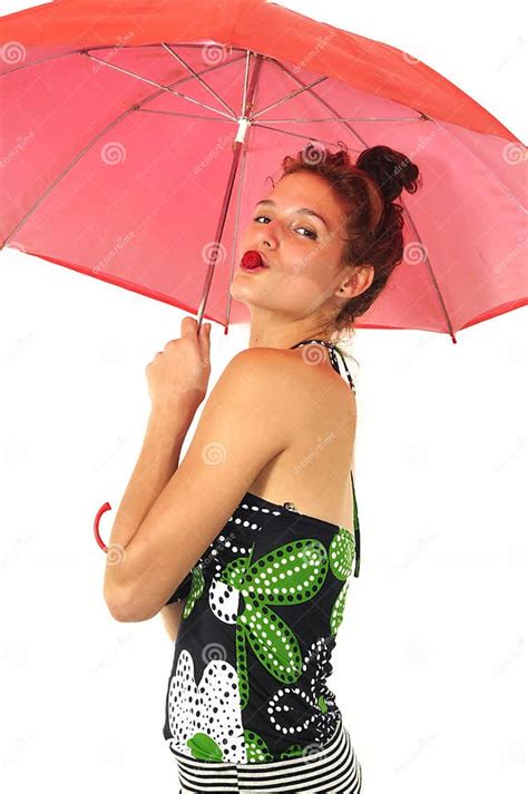 Young Girl Under Red Umbrella Isolated Stock Image Image Of Biting