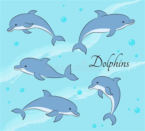 Ensemble De Cinq Dauphins Mignons Sur Le Fond De Mer Illustration De