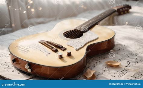 Musical Instrument Guitar And Notes On A White Guitar Music Stock