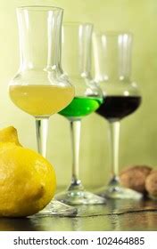 Limoncello Thyme Three Grappas Wineglass Close Stock Photo