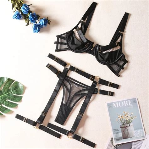 Billionm 3 Piece Cut Out Lingerie Set Women Black Sexy Erotic Set Gothic Garter Fancy Mesh Brief Kit