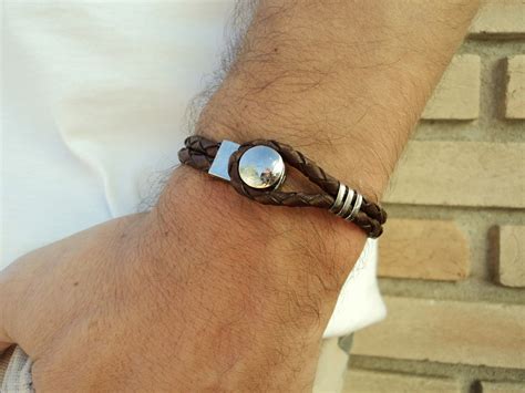 Pulseira Masculina Couro Tran Ado Marrom Fecho Prateado Elo