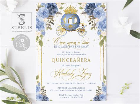 Editable Quinceanera Invitation Blue Floral Cinderella Israel