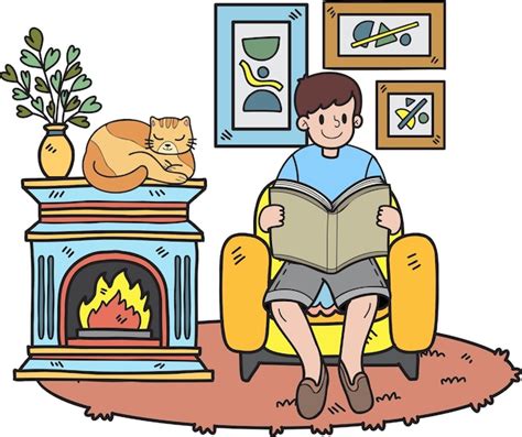 Dessin La Main Le Propri Taire Lit Un Livre Avec Le Chat Dans L