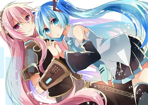 2girls Aliasing Aqua Eyes Aqua Hair Hatsune Miku Headband Long Hair Megurine Luka Pink Eyes Pink