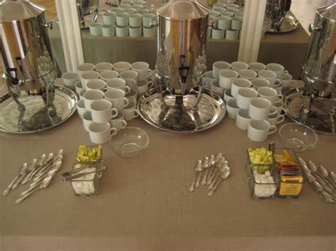 Coffee Station Setup on Khaki Linen with White Rim Cups