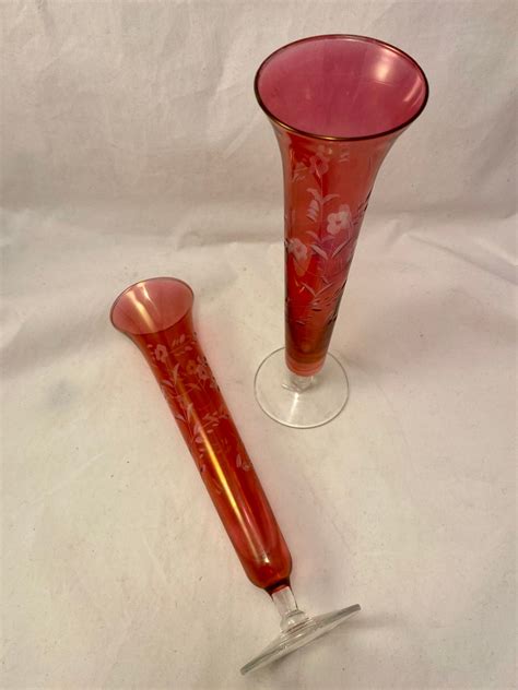 Two Etched Cranberry Glass Bud Vases 10 Inches Vintage Etsy