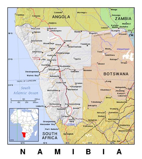 Detailed Political Map Of Namibia With Relief Namibia Africa