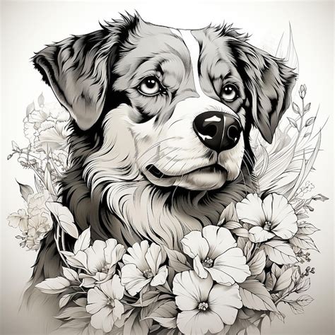 Un Dibujo De Un Perro Con Flores Alrededor Foto Premium