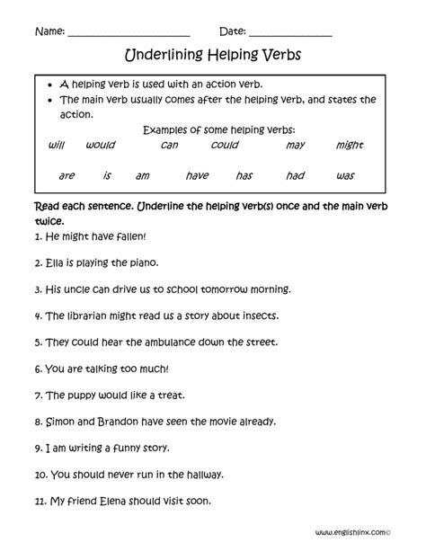 Underlining Helping Verbs Worksheet