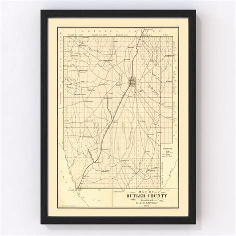 Butler County Al Map 1884 Old Map Of Alabama Art Vintage Print Framed Canvas Portrait History