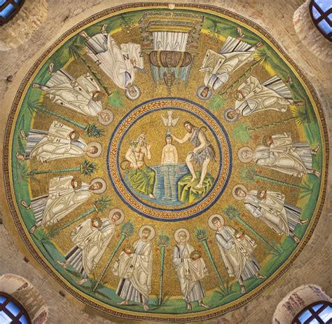 Ravenna Das Symbolische Mosaik Der Obergrenze Mit Taufe Christi In Der