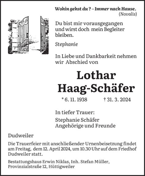 Traueranzeigen Von Lothar Haag Sch Fer Saarbruecker Zeitung Trauer De