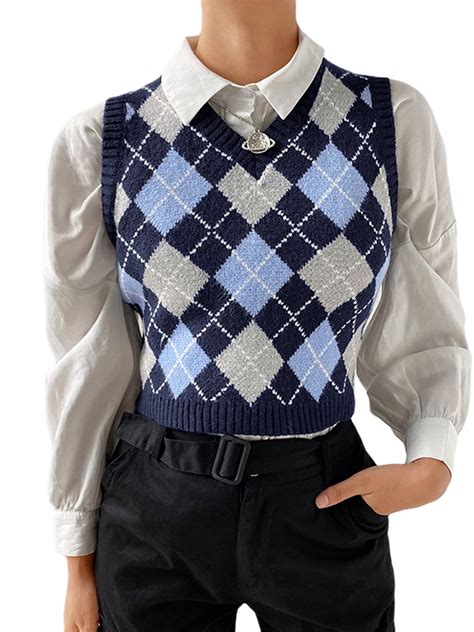 Clothing Plaid Knitted Tank Top Female Sweater Vest Preppy Style Y2k