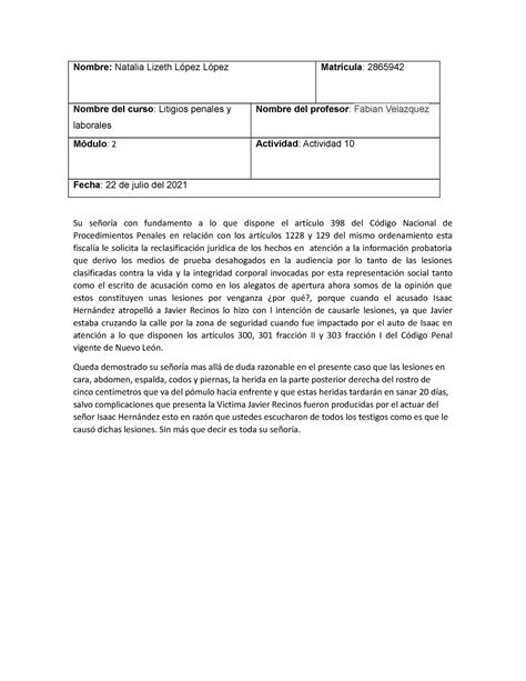 Act Actividad De Litigios Penales Y Laborales Nombre Natalia