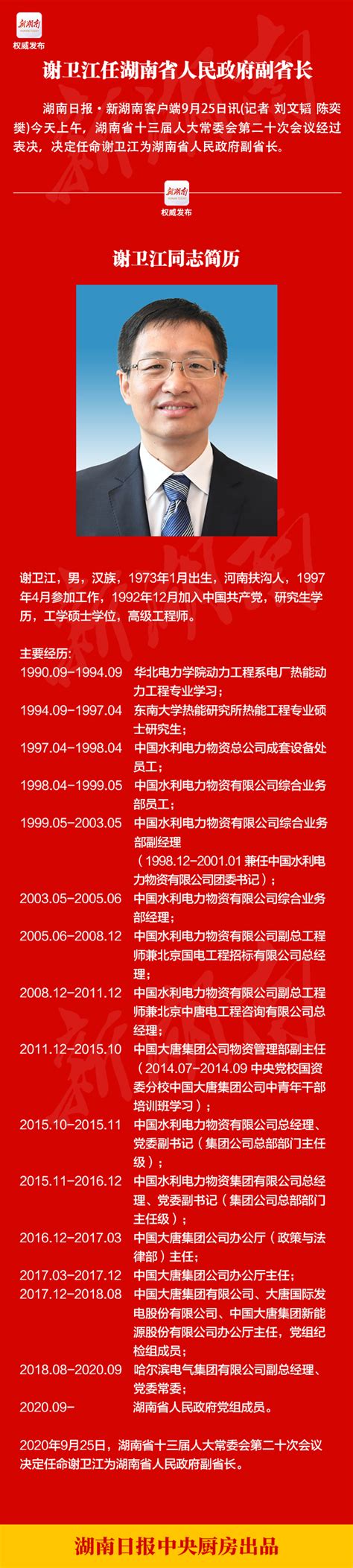 谢卫江任湖南省人民政府副省长 人事 湖南在线 华声在线