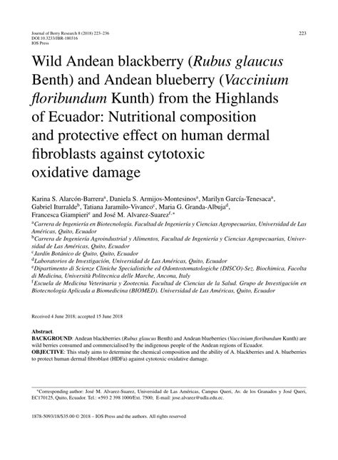 Pdf Wild Andean Blackberry Rubus Glaucus Benth And Andean Blueberry