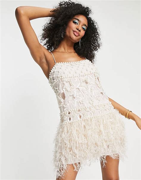 Asos Edition Pearl Embellished Cami Mini Dress With Faux Feather Dress In Soft Pink Asos