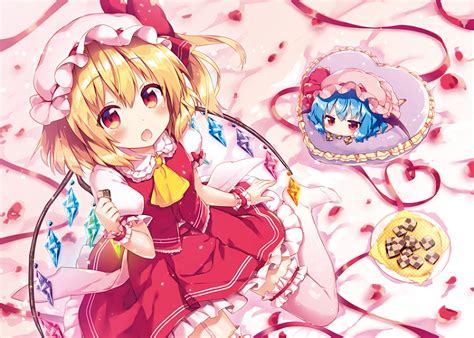 2girls Blonde Hair Blue Hair Blush Chibi Flandre Scarlet Food Garter