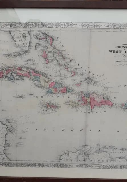 ANCIENNE CARTE MARINE des Antilles Johnson and Ward encadrée et en bon