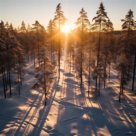 Eine Drohnenaufnahme Eines Schneebedeckten Waldes Mit Der Untergehenden