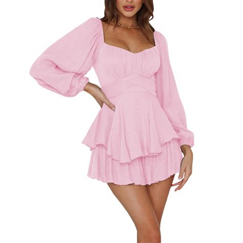 Women Puff Sleeve Romper Off Shoulder Ruffle Dress With Shorts Long Sleeve Flowy Layered Pirate