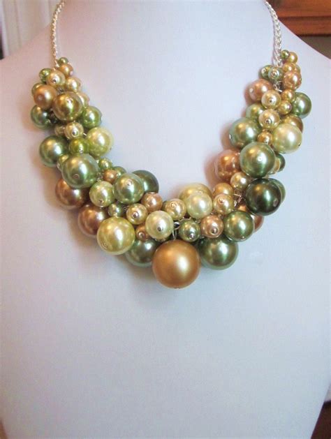 Pearl Cluster Necklace In Shades Of Olive Green And Etsy