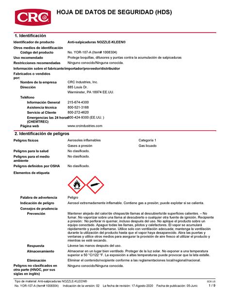 05060205 Antiespatter Spray HOJA DE DATOS DE SEGURIDAD HDS 1