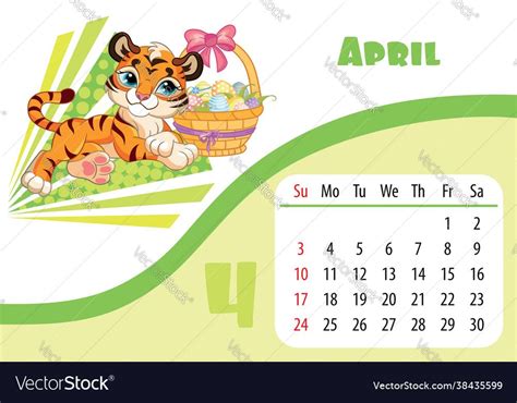 Tiger Desk Calendar Design Template For April Vector Image On