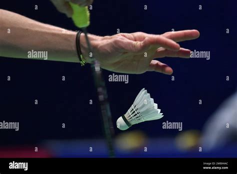 Denmark S Viktor Axelsen Serves Against India S Lakshya Sen During