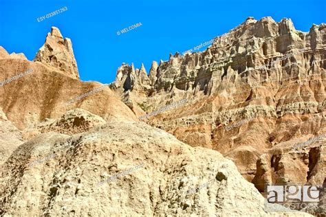 Badlands Formations Sandstone Spires And Pinnacles Clear Blue