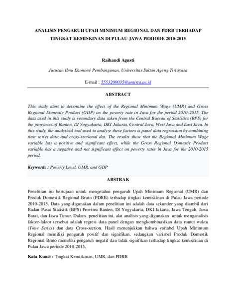 Pdf Analisis Pengaruh Upah Minimum Regional Dan Pdrb Terhadap Tingkat