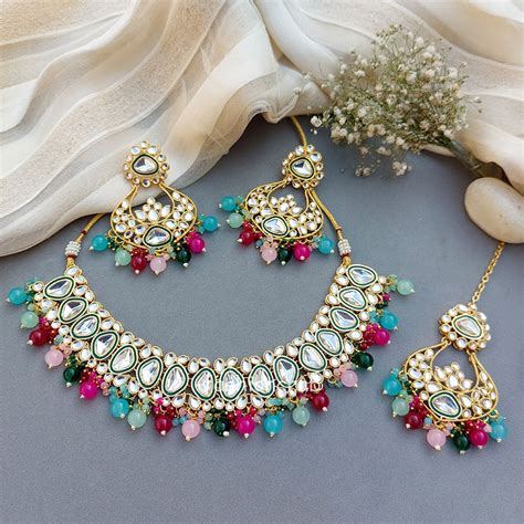 Kundan Bridal Necklace Set For Wedding Purple FashionCrab