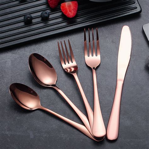 Reanea Elegant 20 Piece Rose Gold Dinner Table Silverware Set Stainless Steel Flatware For 4