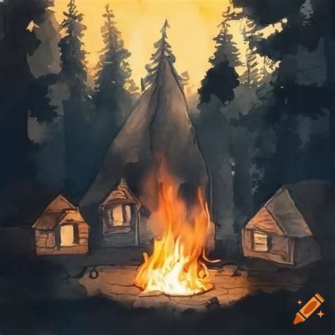 Watercolor Painting Of Huts Surrounding A Campfire In A Dark Forest On