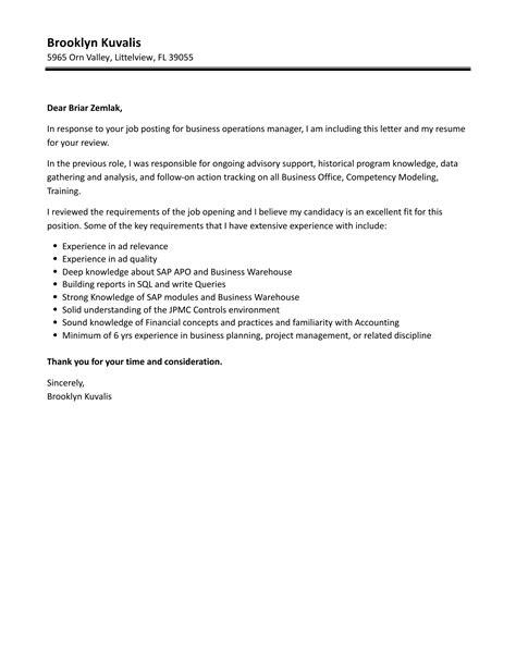 Business Operations Manager Cover Letter Velvet Jobs